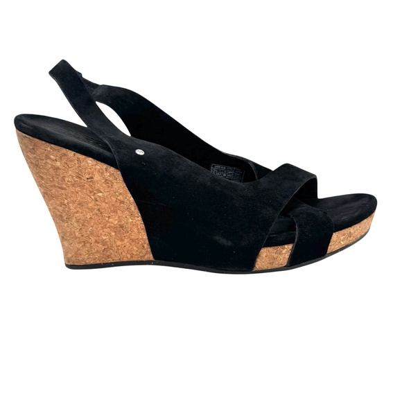 UGG HAZEL BLACK SUEDE & CORK WEDGE HEEL PLATFORM SANDALS - Picture 9 of 16